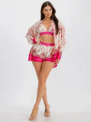 WOMEN'S LONG SLEEVE CARDIGAN WITH BRALETTE & ELASTIC WAIST SHORTS MULTI PRINT 3PC.SET