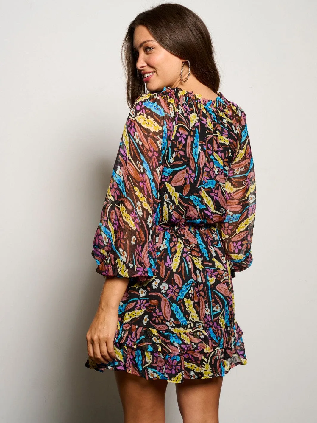WOMEN'S LONG SLEEVE DETAILED MULTI PRINT MINI DRESS