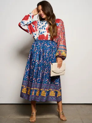 WOMEN'S LONG SLEEVE ELASTIC WAIST MULTI PRINT MAXI DRESS