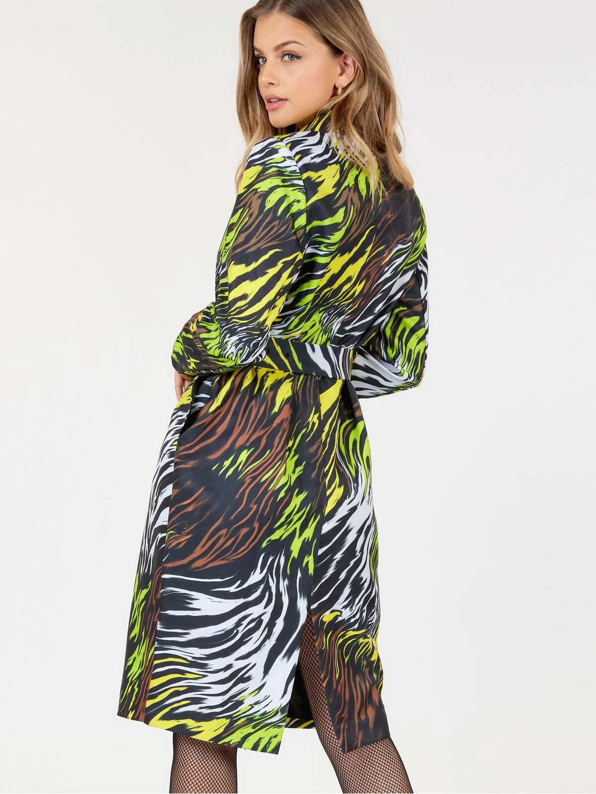 WOMEN'S LONG SLEEVE FRONT POCKETS ANIMAL PRINT BUTTON UP MIDI DRESS