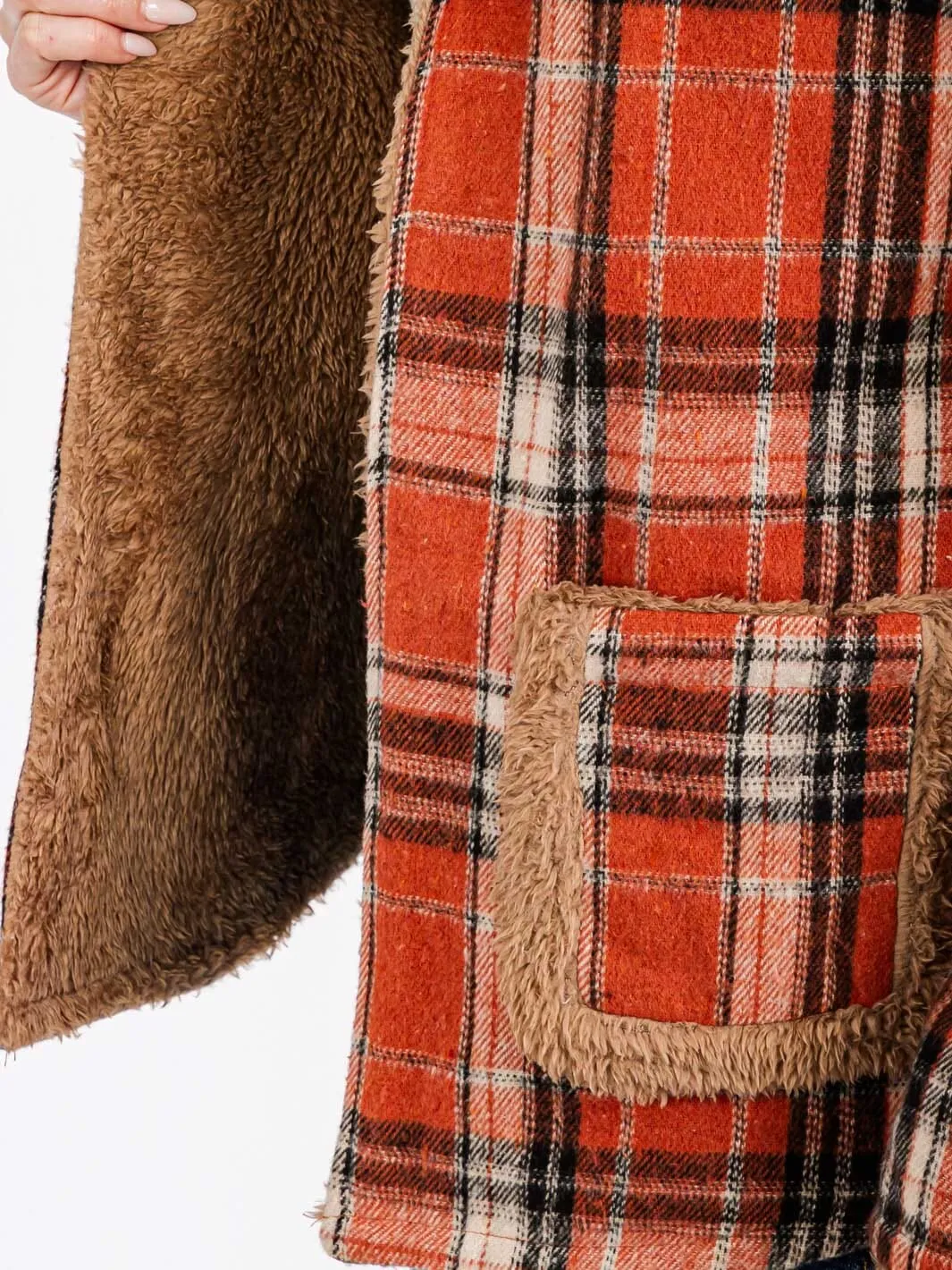 WOMEN'S LONG SLEEVE OPEN FRONT HOODED PLAID SHERPA JACKET