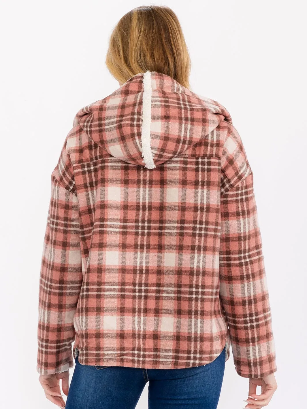 WOMEN'S LONG SLEEVE OPEN FRONT HOODED PLAID SHERPA JACKET