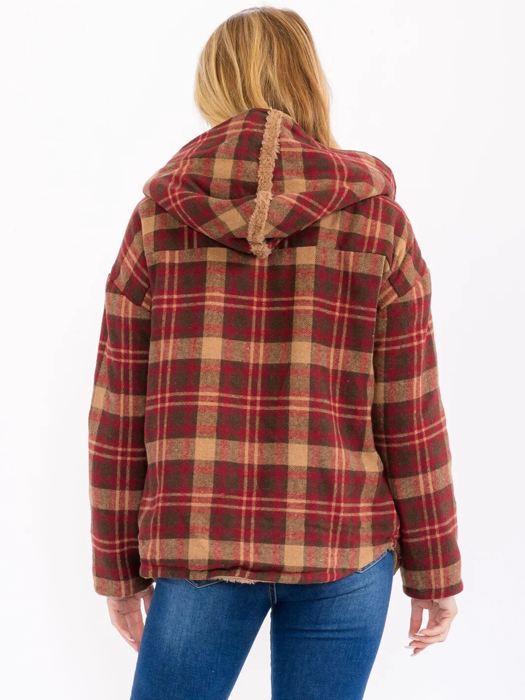 WOMEN'S LONG SLEEVE OPEN FRONT HOODED PLAID SHERPA JACKET