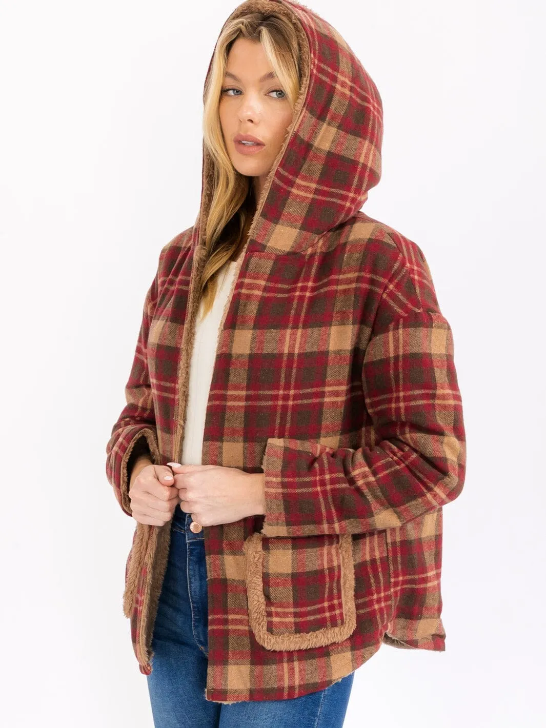 WOMEN'S LONG SLEEVE OPEN FRONT HOODED PLAID SHERPA JACKET