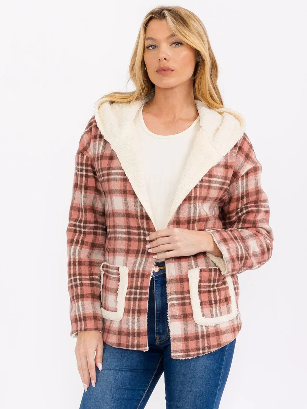 WOMEN'S LONG SLEEVE OPEN FRONT HOODED PLAID SHERPA JACKET