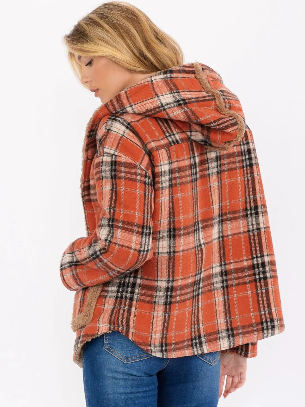 WOMEN'S LONG SLEEVE OPEN FRONT HOODED PLAID SHERPA JACKET