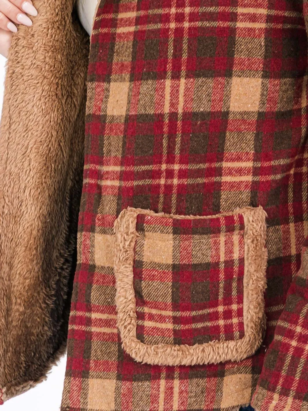 WOMEN'S LONG SLEEVE OPEN FRONT HOODED PLAID SHERPA JACKET