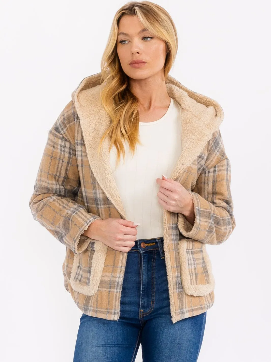 WOMEN'S LONG SLEEVE OPEN FRONT HOODED PLAID SHERPA JACKET