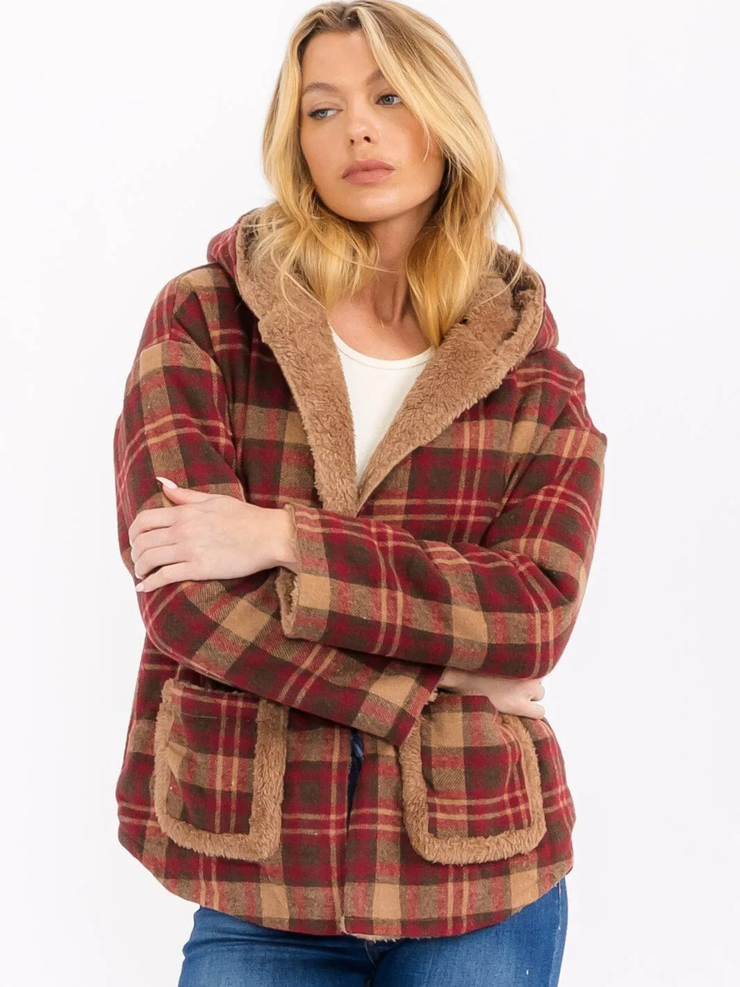 WOMEN'S LONG SLEEVE OPEN FRONT HOODED PLAID SHERPA JACKET