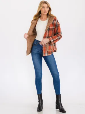 WOMEN'S LONG SLEEVE OPEN FRONT HOODED PLAID SHERPA JACKET