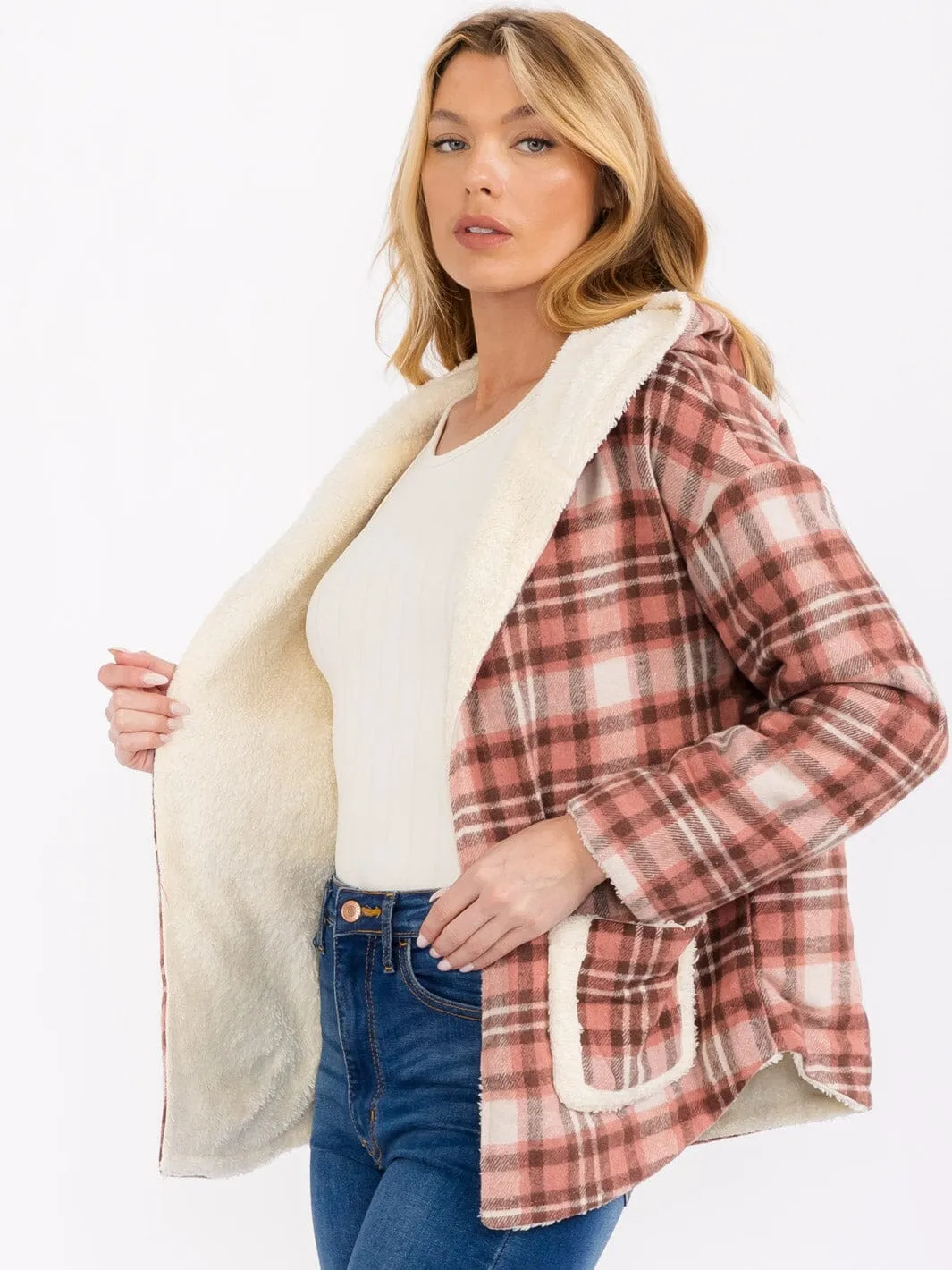 WOMEN'S LONG SLEEVE OPEN FRONT HOODED PLAID SHERPA JACKET