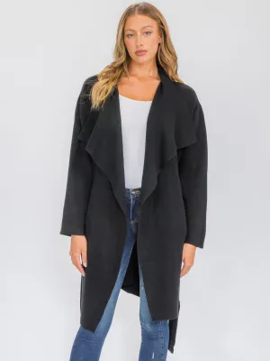 WOMEN'S LONG SLEEVE OPEN FRONT POCKETS SELF TIE COAT