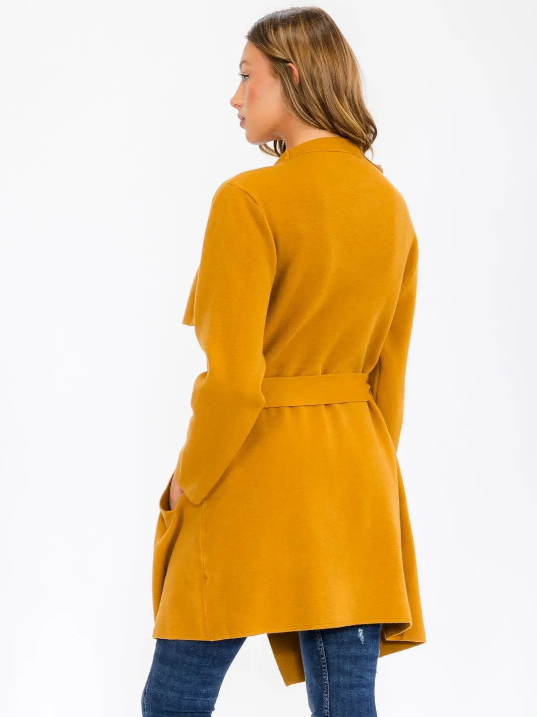 WOMEN'S LONG SLEEVE OPEN FRONT POCKETS SELF TIE COAT