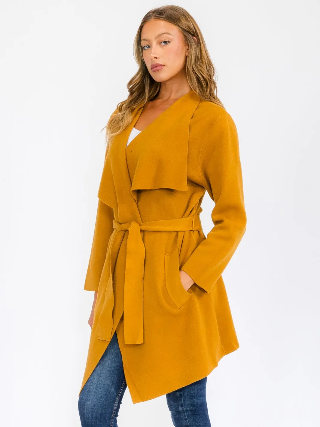 WOMEN'S LONG SLEEVE OPEN FRONT POCKETS SELF TIE COAT