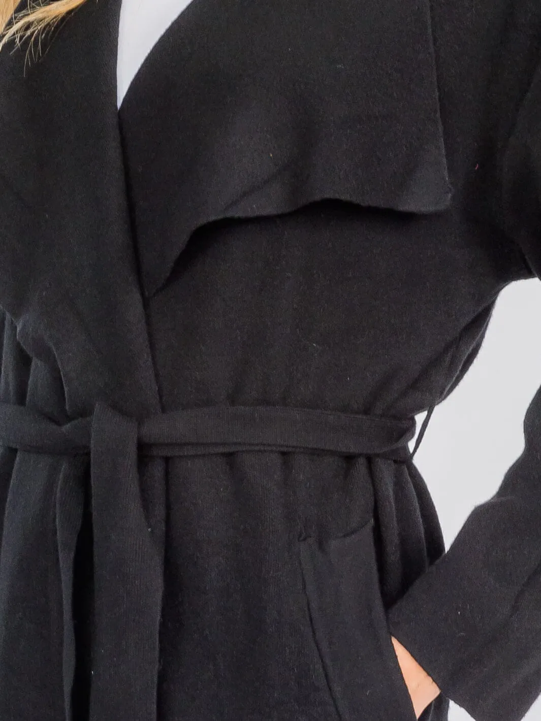 WOMEN'S LONG SLEEVE OPEN FRONT POCKETS SELF TIE COAT
