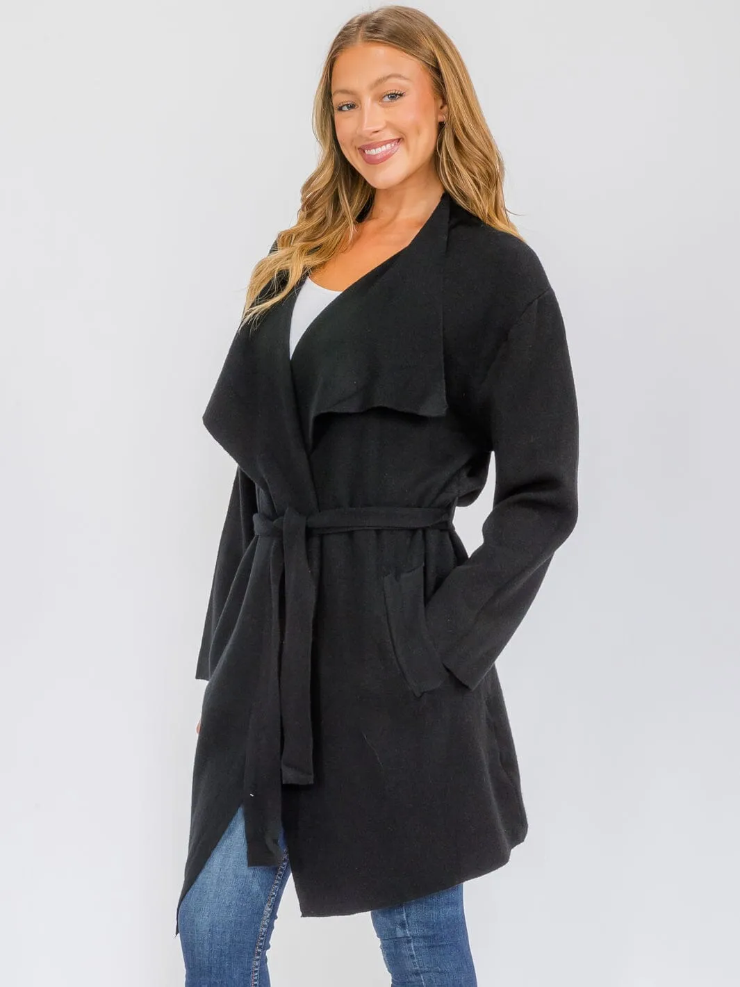 WOMEN'S LONG SLEEVE OPEN FRONT POCKETS SELF TIE COAT