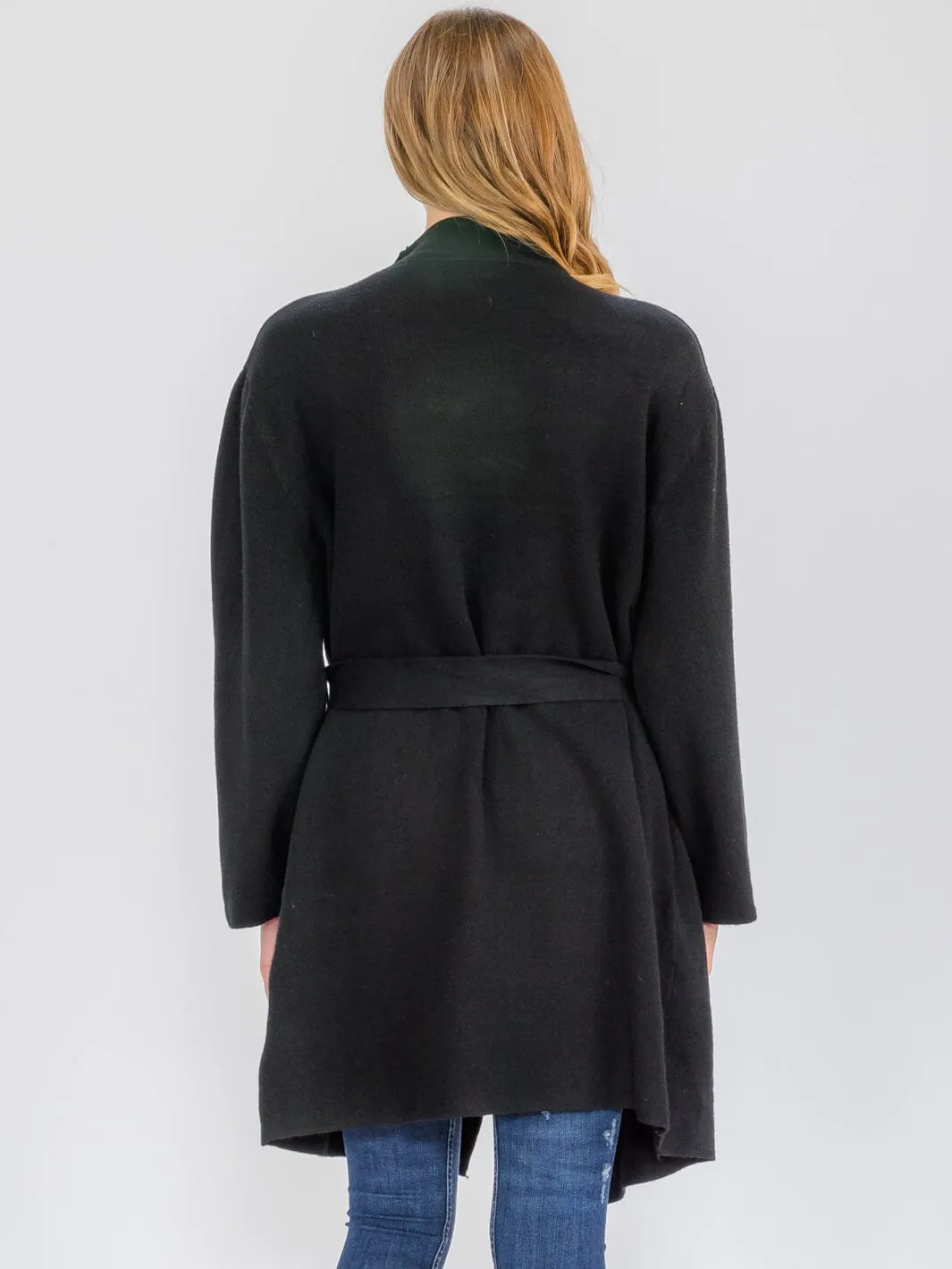 WOMEN'S LONG SLEEVE OPEN FRONT POCKETS SELF TIE COAT