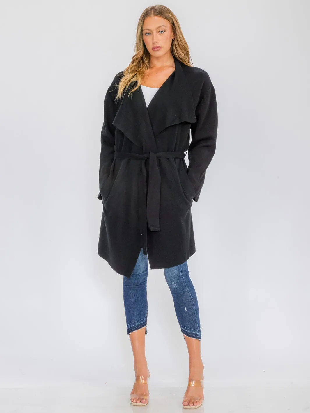WOMEN'S LONG SLEEVE OPEN FRONT POCKETS SELF TIE COAT