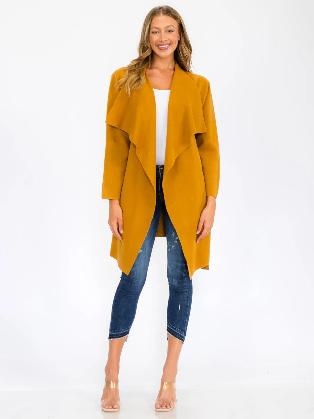 WOMEN'S LONG SLEEVE OPEN FRONT POCKETS SELF TIE COAT