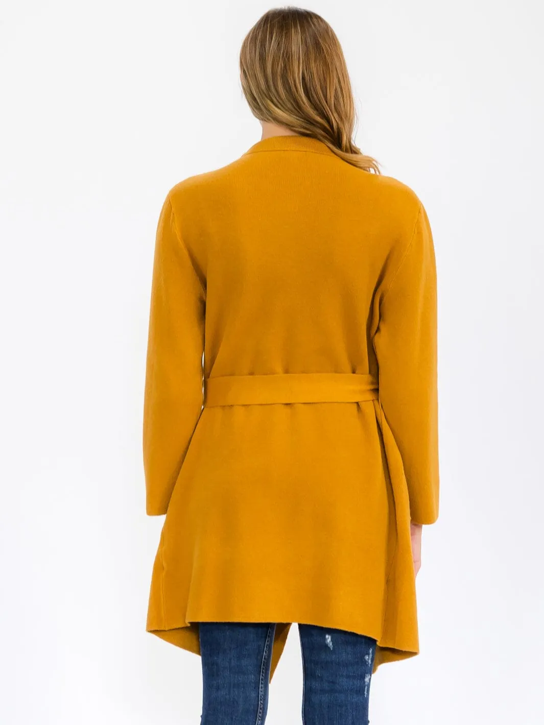 WOMEN'S LONG SLEEVE OPEN FRONT POCKETS SELF TIE COAT