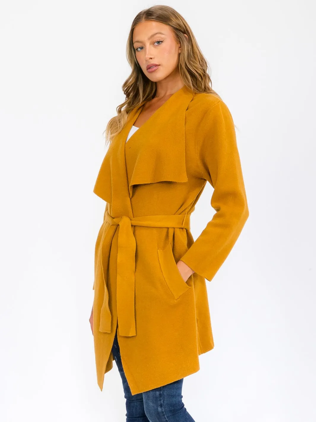 WOMEN'S LONG SLEEVE OPEN FRONT POCKETS SELF TIE COAT