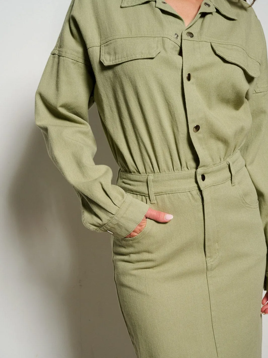 WOMEN'S LONG SLEEVE POCKETS BUTTON UP DENIM MAXI DRESS