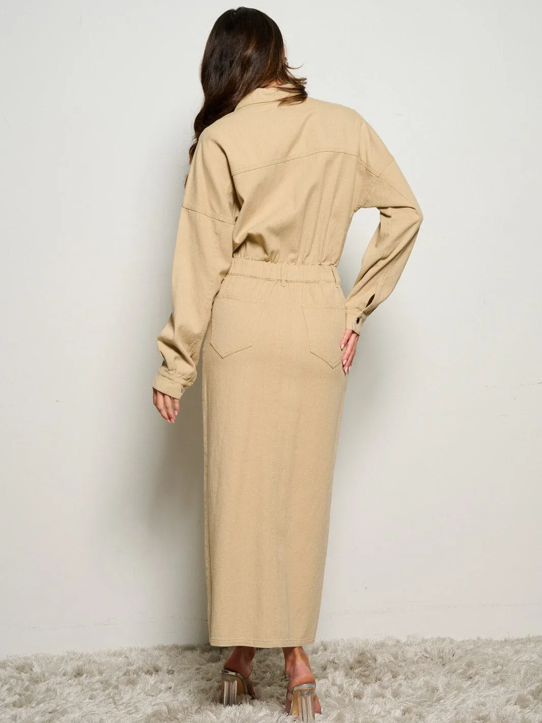 WOMEN'S LONG SLEEVE POCKETS BUTTON UP DENIM MAXI DRESS