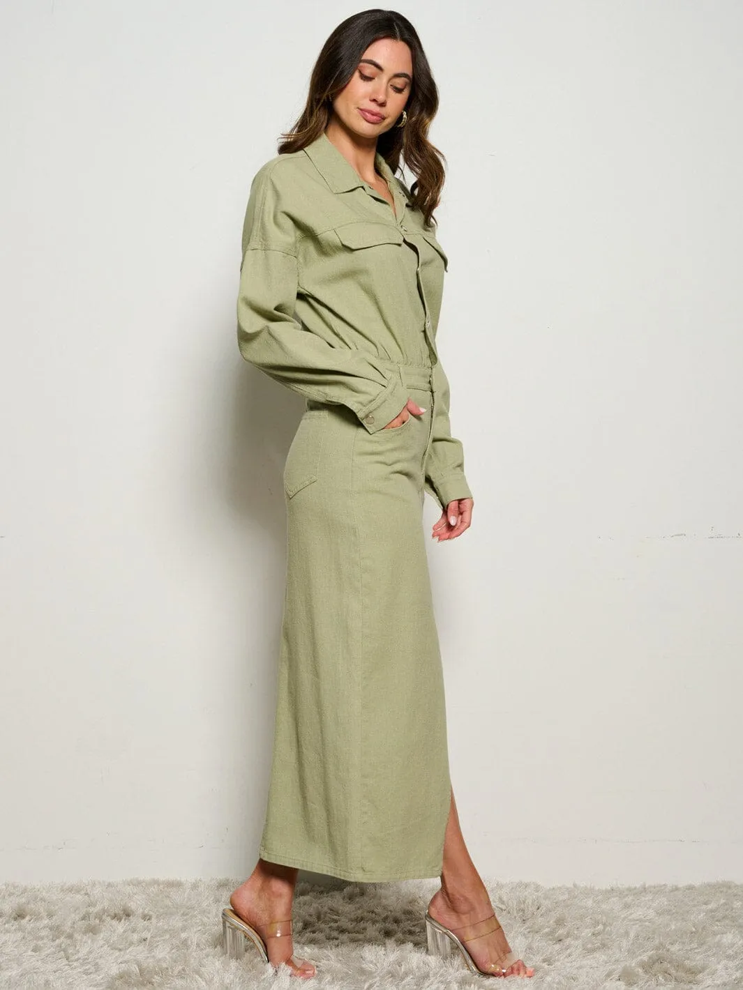 WOMEN'S LONG SLEEVE POCKETS BUTTON UP DENIM MAXI DRESS
