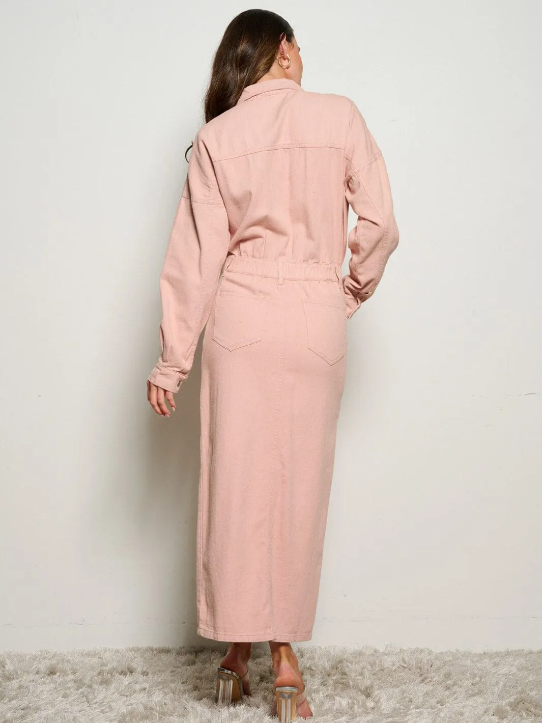 WOMEN'S LONG SLEEVE POCKETS BUTTON UP DENIM MAXI DRESS