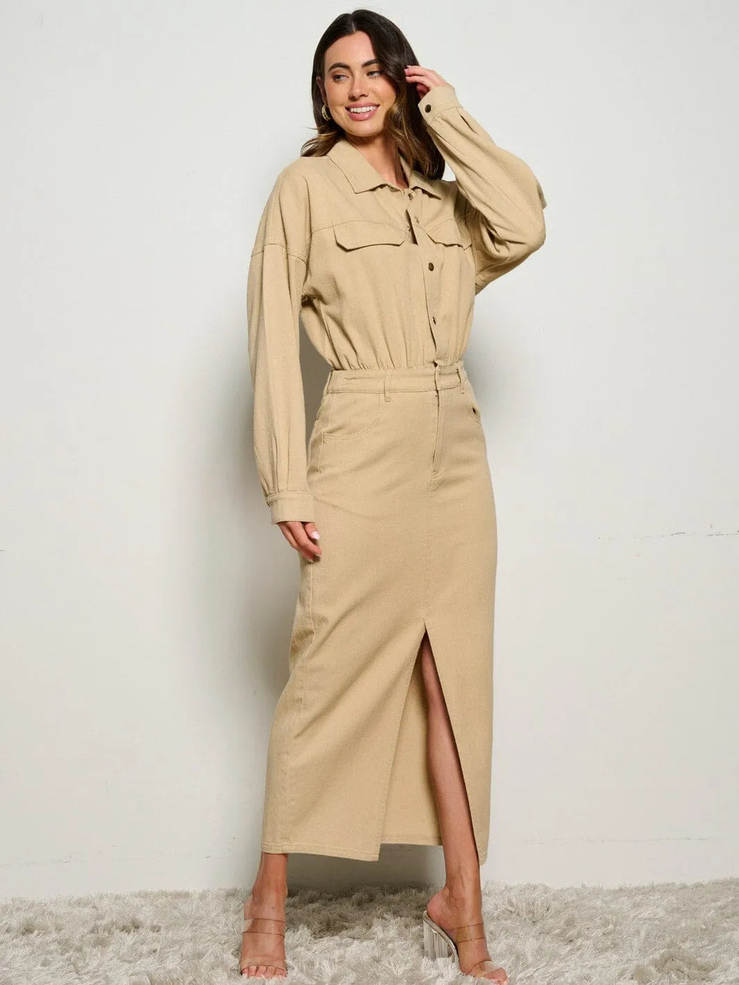 WOMEN'S LONG SLEEVE POCKETS BUTTON UP DENIM MAXI DRESS