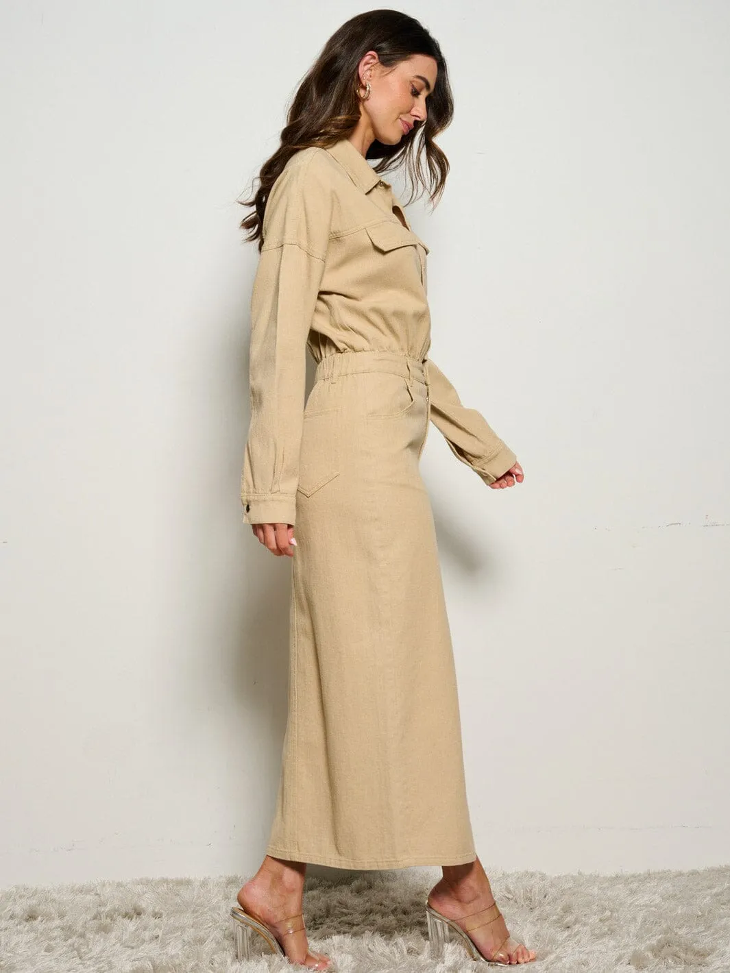 WOMEN'S LONG SLEEVE POCKETS BUTTON UP DENIM MAXI DRESS