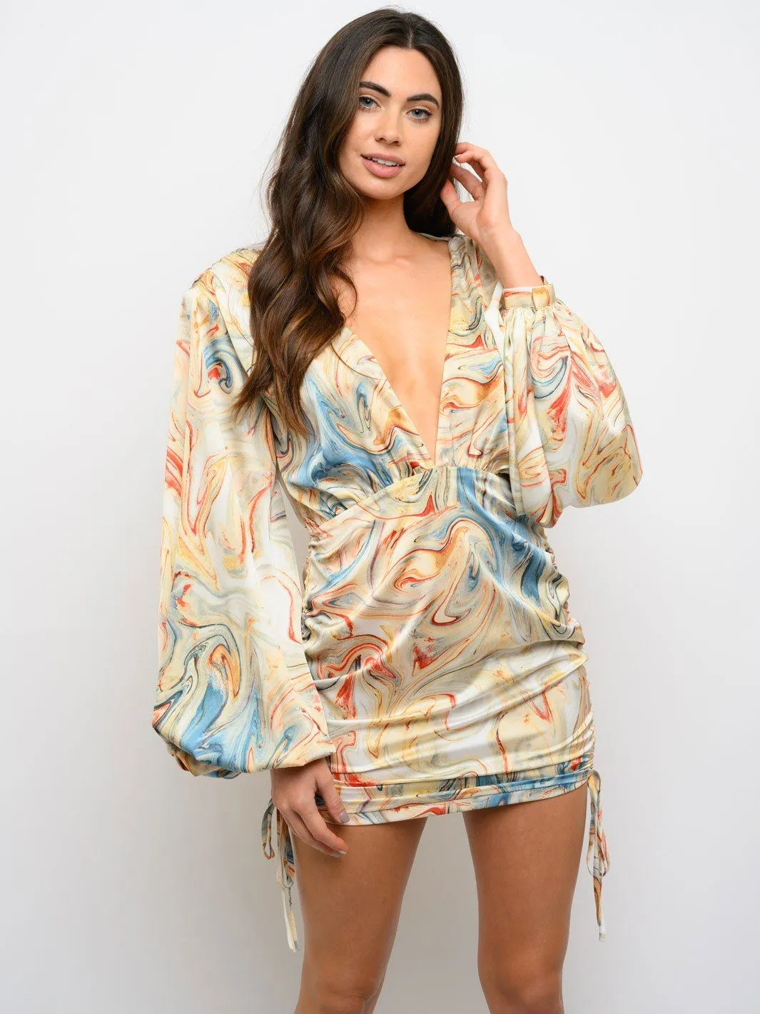 WOMEN'S LONG SLEEVE RUCHED MULTI PRINT DRESS