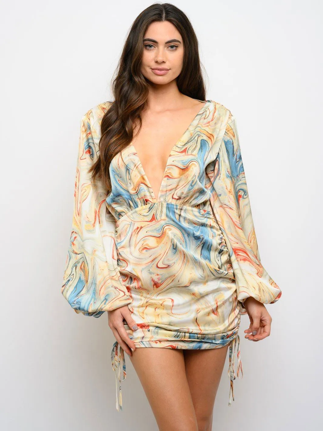 WOMEN'S LONG SLEEVE RUCHED MULTI PRINT DRESS