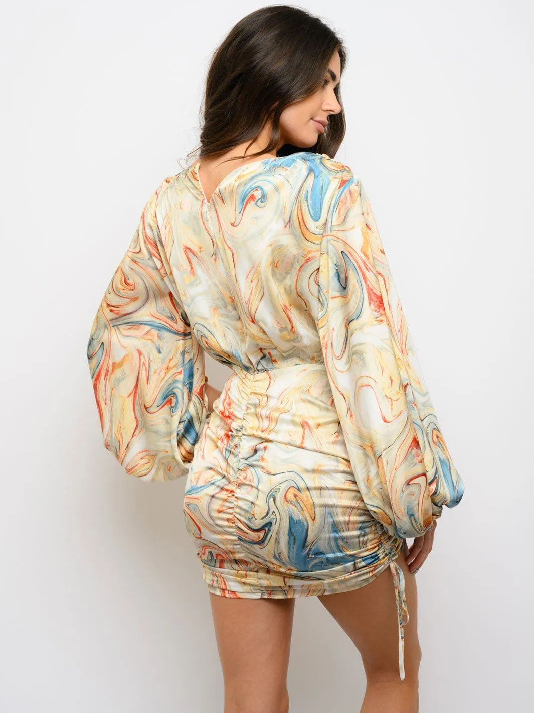 WOMEN'S LONG SLEEVE RUCHED MULTI PRINT DRESS