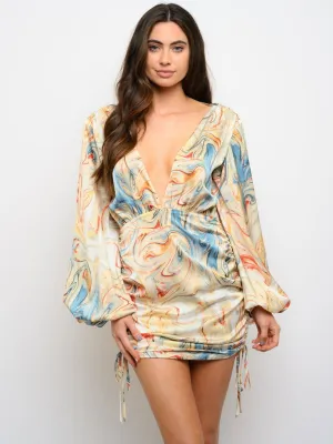WOMEN'S LONG SLEEVE RUCHED MULTI PRINT DRESS