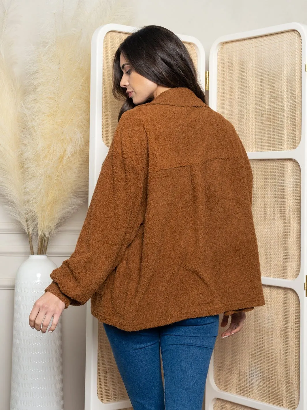 WOMEN'S LONG SLEEVE TEDDY 2 POCKET BUTTON UP JACKET
