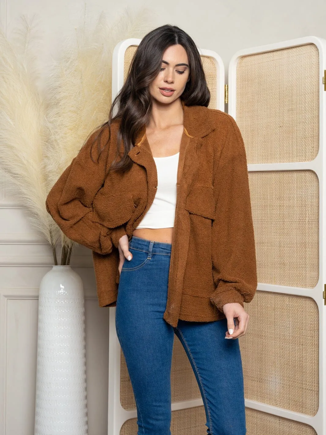 WOMEN'S LONG SLEEVE TEDDY 2 POCKET BUTTON UP JACKET