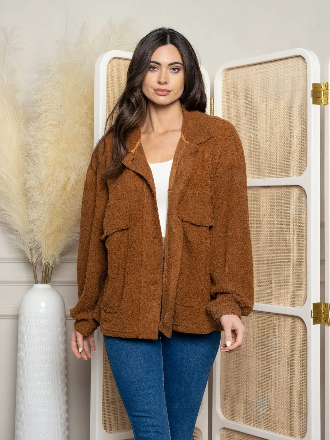 WOMEN'S LONG SLEEVE TEDDY 2 POCKET BUTTON UP JACKET