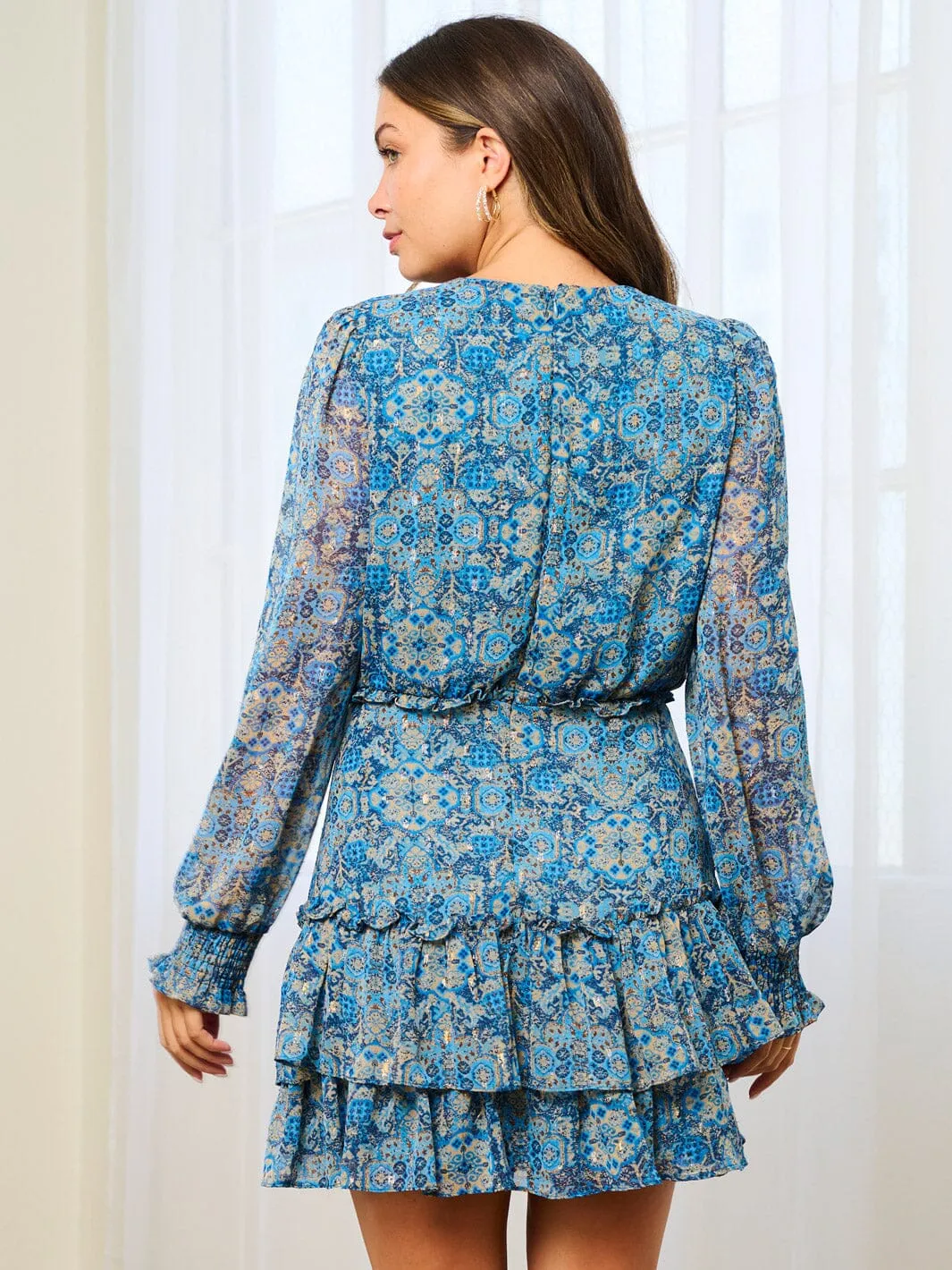 WOMEN'S LONG SLEEVE TIERED RUFFLE MULTI PRINT MINI DRESS