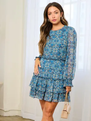 WOMEN'S LONG SLEEVE TIERED RUFFLE MULTI PRINT MINI DRESS