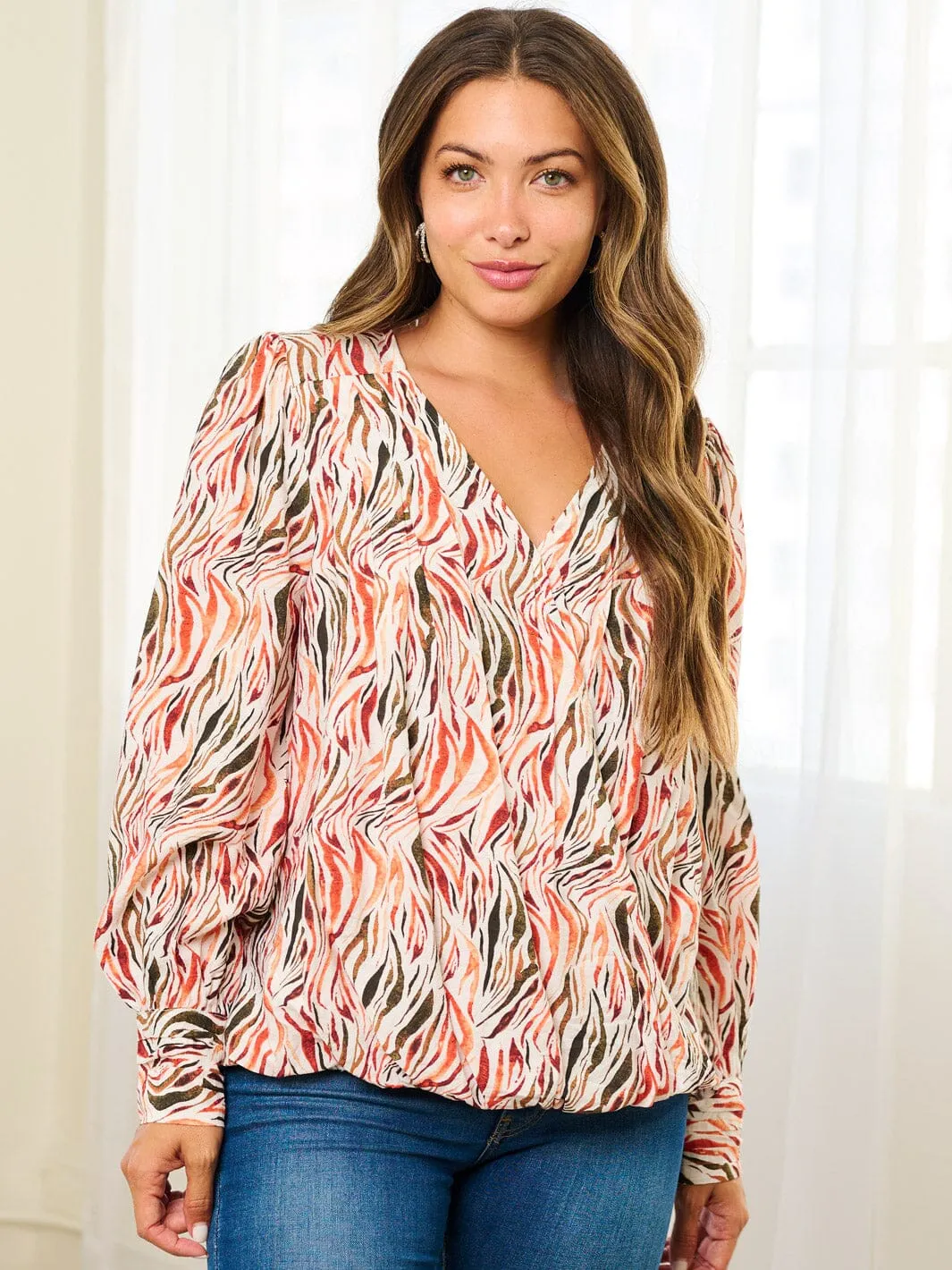 WOMEN'S LONG SLEEVE V-NECK MULTI PRINT BLOUSE TOP