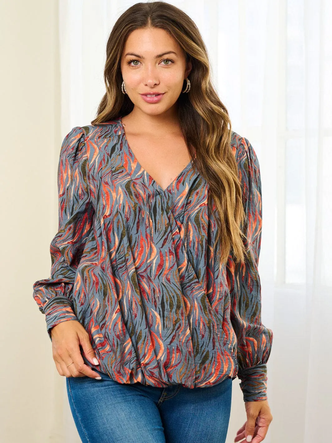 WOMEN'S LONG SLEEVE V-NECK MULTI PRINT BLOUSE TOP