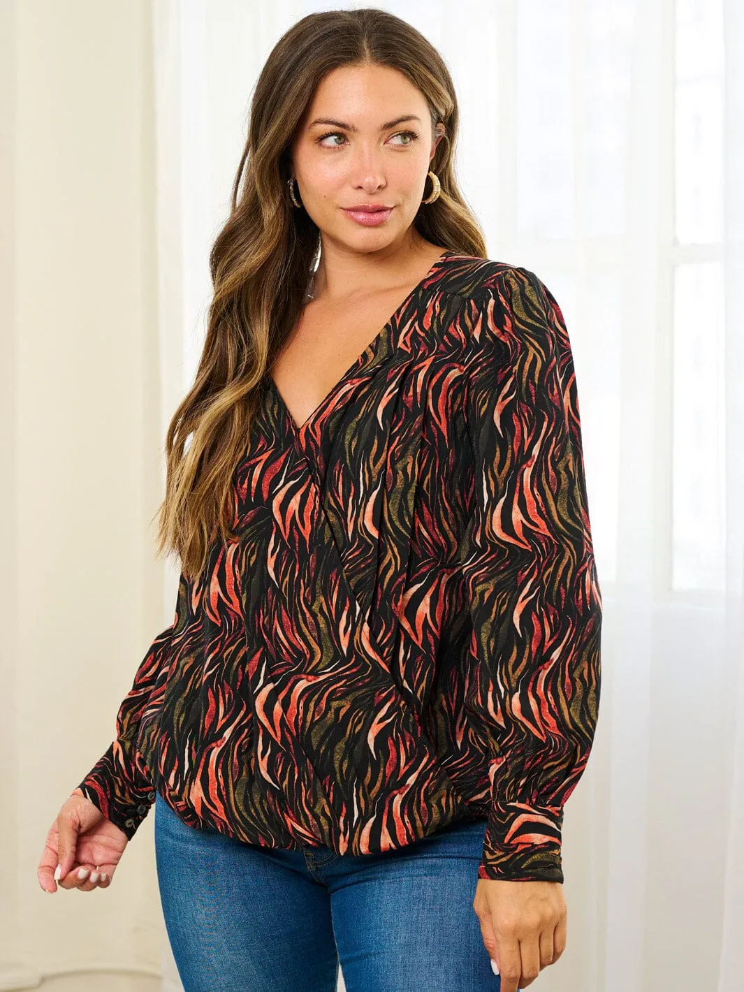 WOMEN'S LONG SLEEVE V-NECK MULTI PRINT BLOUSE TOP