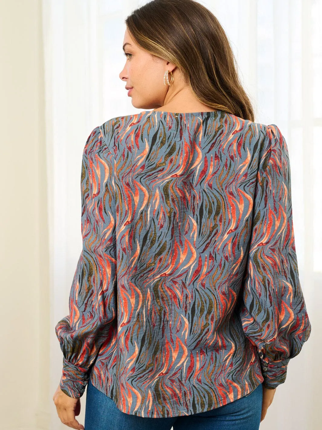 WOMEN'S LONG SLEEVE V-NECK MULTI PRINT BLOUSE TOP