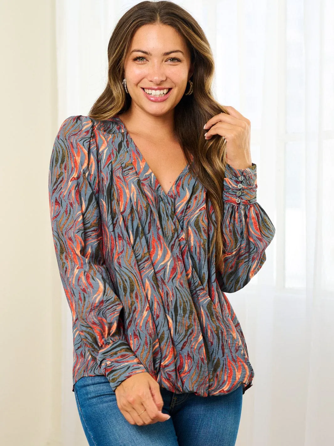 WOMEN'S LONG SLEEVE V-NECK MULTI PRINT BLOUSE TOP