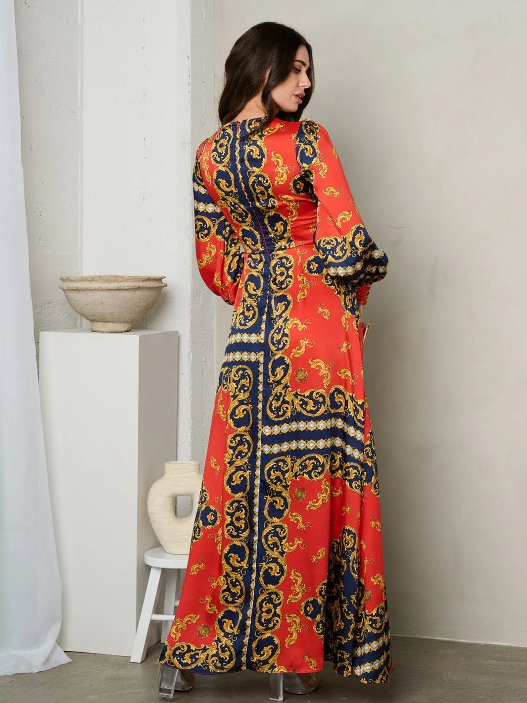 WOMEN'S LONG SLEEVE V-NECK MULTI PRINT MAXI DRESS