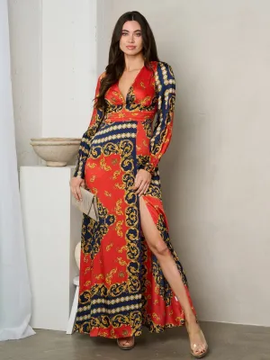 WOMEN'S LONG SLEEVE V-NECK MULTI PRINT MAXI DRESS