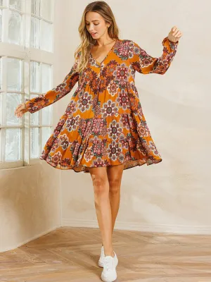 WOMEN'S LONG SLEEVE V-NECK POCKETS MULTI PRINT MINI DRESS