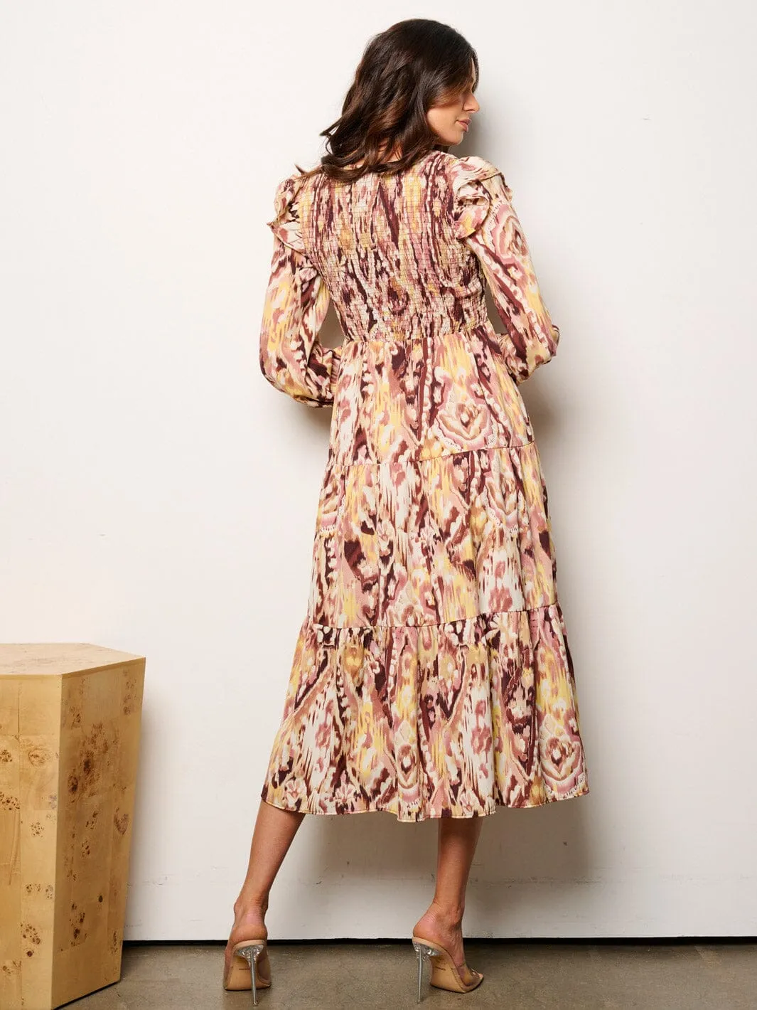 WOMEN'S LONG SLEEVE V-NECK POCKETS SMOCK MULTI PRINT MIDI DRESS