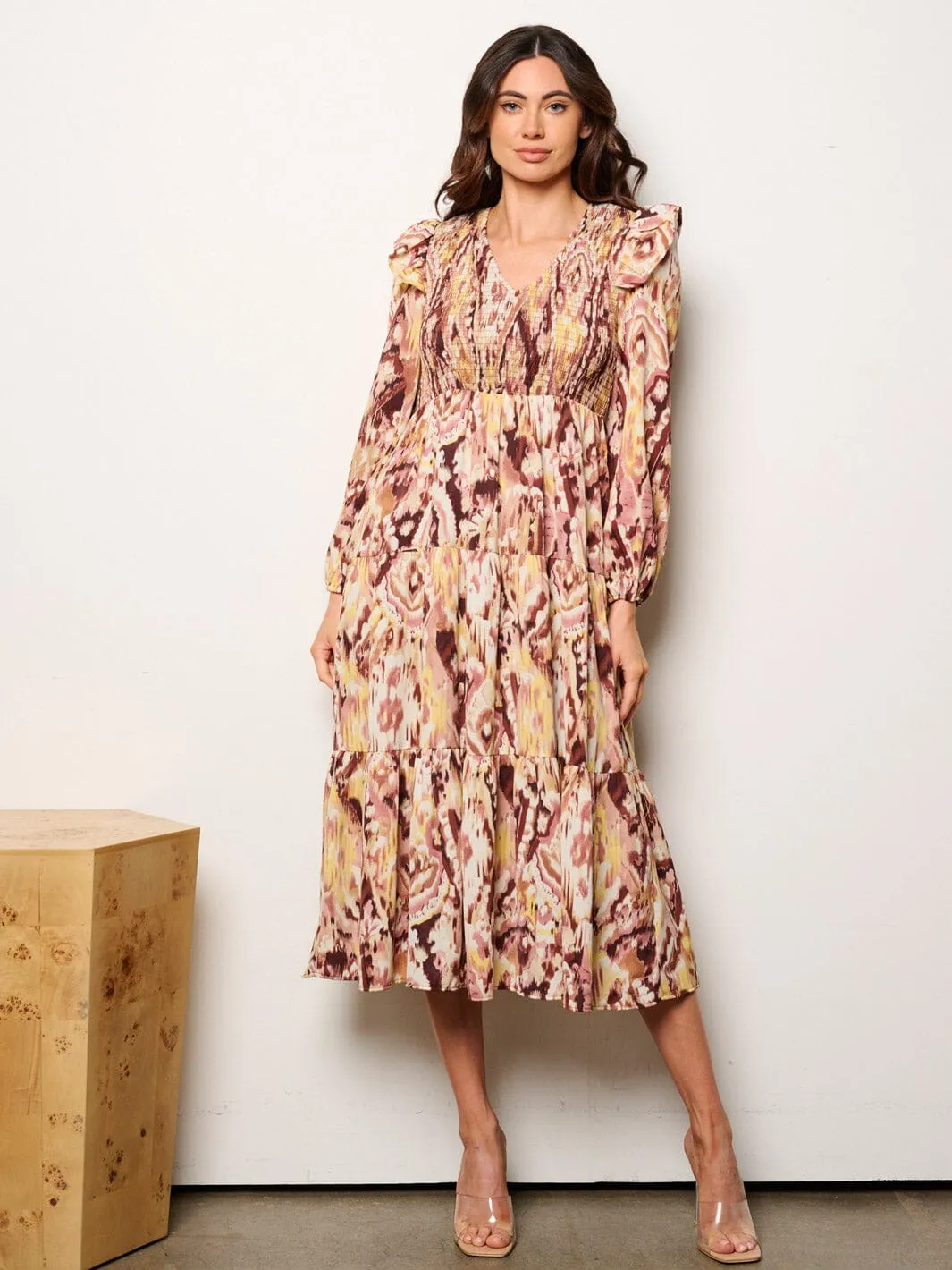 WOMEN'S LONG SLEEVE V-NECK POCKETS SMOCK MULTI PRINT MIDI DRESS